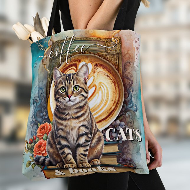 Bolso De Tela Café de arte Boho Gatos y libros Tote Bag (Personalized coffee, cats and books tote bag featuring a colorful bohemian artistic design)