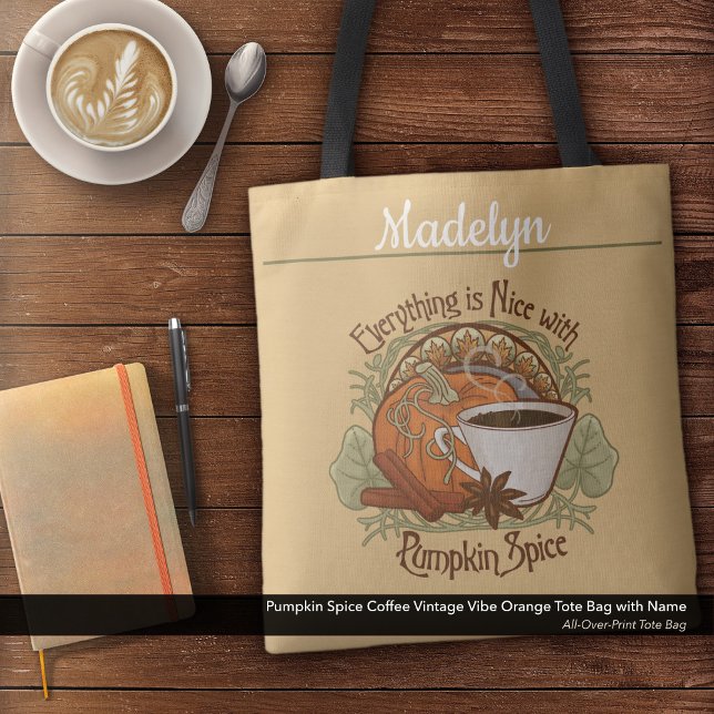 Bolso De Tela Café de calabaza de especias de calabaza Naranja d (Pumpkin Spice Coffee Vintage Vibe Orange Tote Bag–Personalized with Your Name)