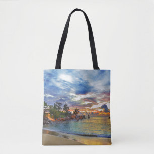 Bolso De Tela Café en la playa tropical en la puesta del sol