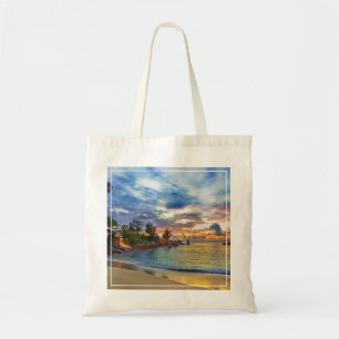 Bolso De Tela Café en la playa tropical en la puesta del sol