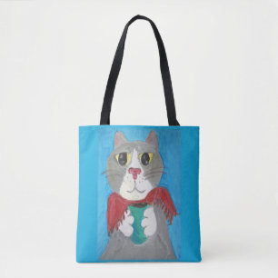 Bolso De Tela Café gris lindo gato pintura arte popular divertid