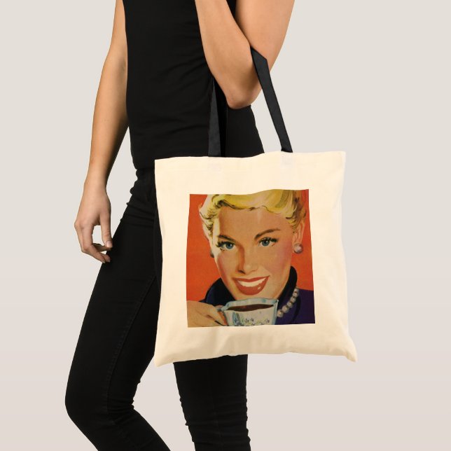 Bolso De Tela Café Vintage, mujer feliz con café retro (Anverso (producto))