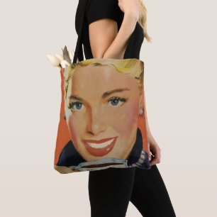 Bolso De Tela Café Vintage, Mujer Feliz con Taza de Café Retro