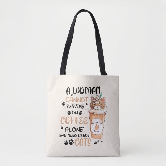 Bolso De Tela Café y gatos - Arte Cute Kawaii (Anverso)