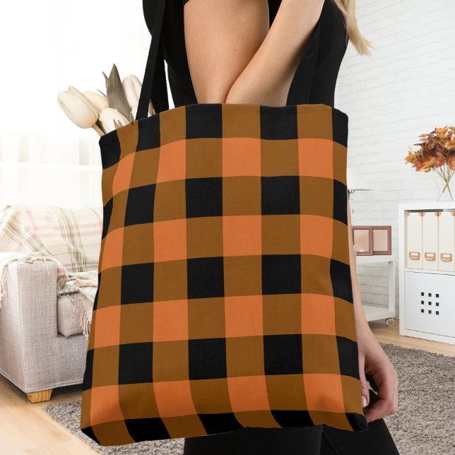 Bolso De Tela Caída de otoño de búfalo negro y Naranja (Black and Orange Buffalo Plaid Autumn Fall Tote Bag)
