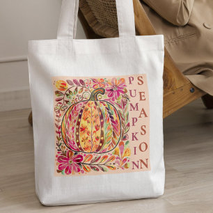 Bolso De Tela Caída Otoño Calabaza Floral Acuarela Pastel Boho