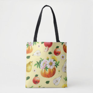 Bolso De Tela Calabaza, crisantemo: ilustracion de fruta otoñal.