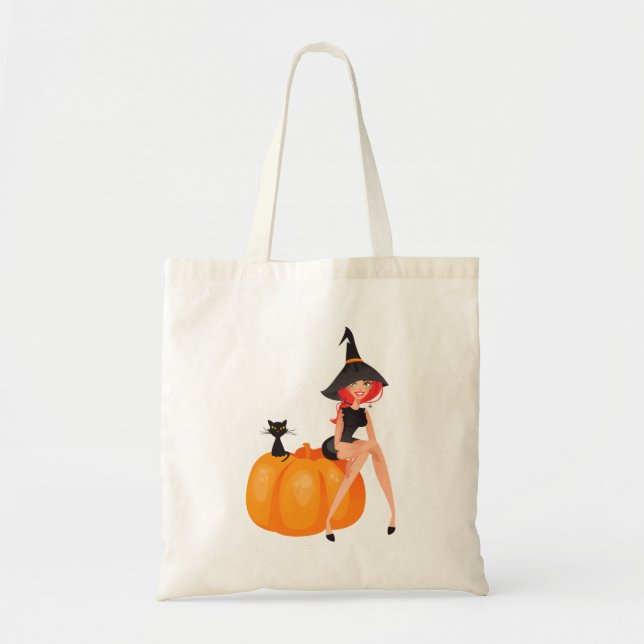 Bolso De Tela Calabaza de brujas de Halloween y gato negro (Frente)