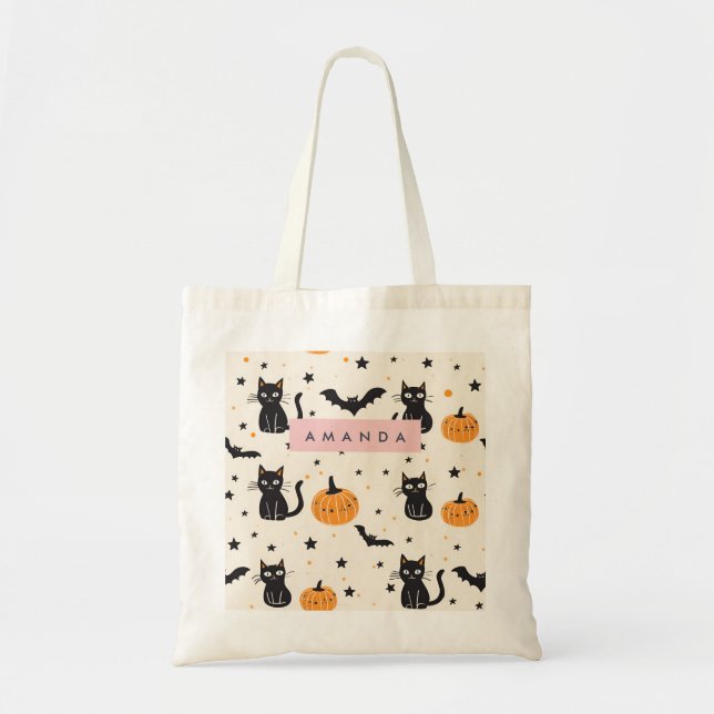 Bolso De Tela Calabaza de gato negro personalizada Cosy Fall Hal (Frente)