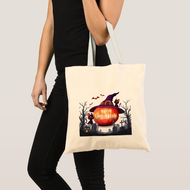 Bolso De Tela Calabaza de Halloween, Gorra de brujas y gatos neg (Anverso (producto))
