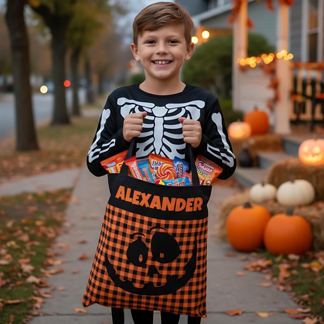 Bolso De Tela Calabaza de Halloween Naranja y Cuadro Negro Nombr (Subido por el creador)