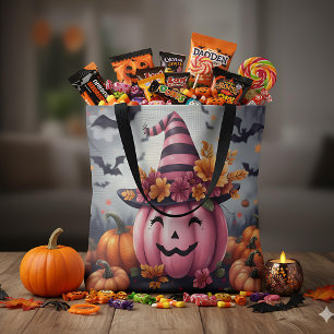 Bolso De Tela Calabaza de Halloween rosa bonita Jack-o-lantern