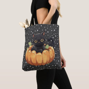 Bolso De Tela Calabaza de lunares gato negro Halloween negro
