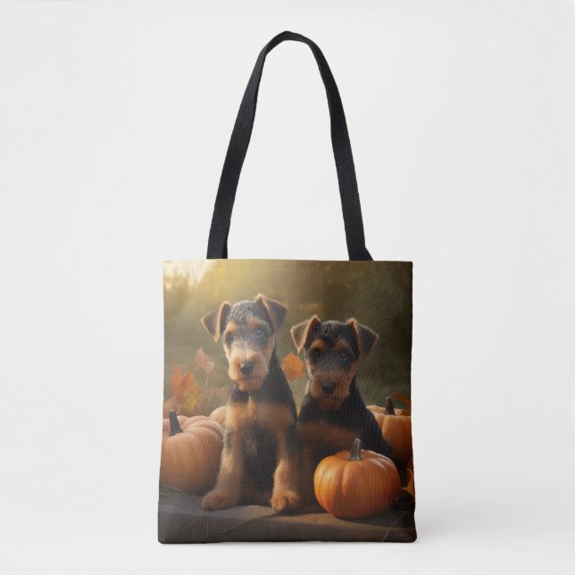 Bolso De Tela Calabaza deslumbrante Airedale Puppy Autumn (Anverso)