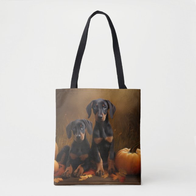 Bolso De Tela Calabaza deslumbrante Doberman Puppy Autumn (Anverso)