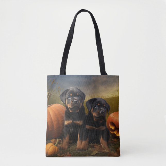 Bolso De Tela Calabaza deslumbrante Rottweiler Puppy Autumn (Anverso)
