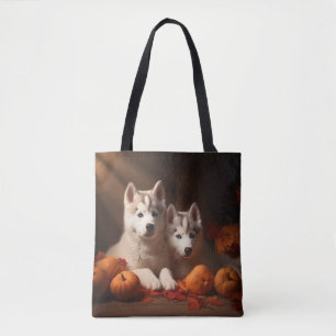 Bolso De Tela Calabaza deslumbrante siberiana Husky Puppy otoño