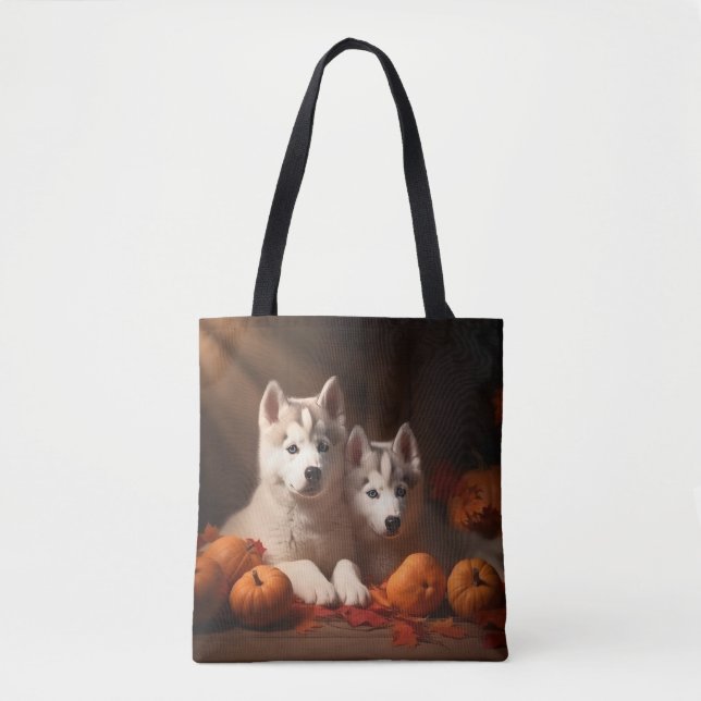 Bolso De Tela Calabaza deslumbrante siberiana Husky Puppy otoño (Anverso)