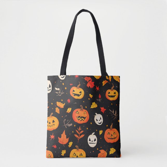 Bolso De Tela Calabaza divertida de Halloween y hojas impresa (Anverso)