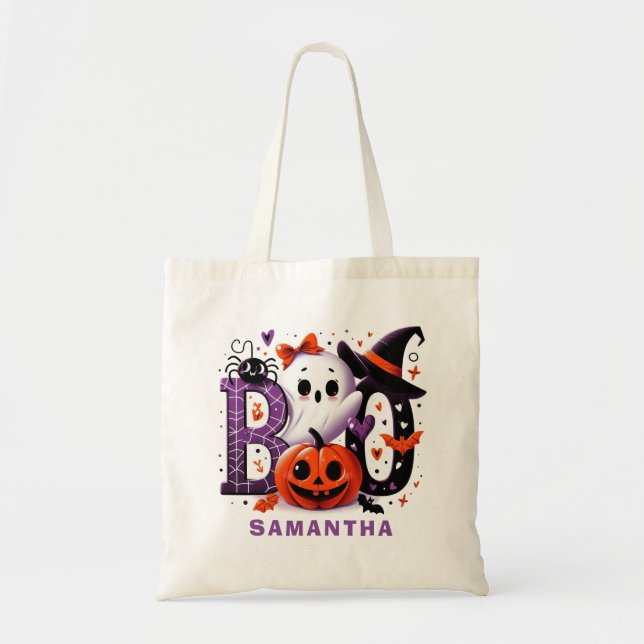 Bolso De Tela Calabaza fantasma personalizada para boo de Hallow (Frente)