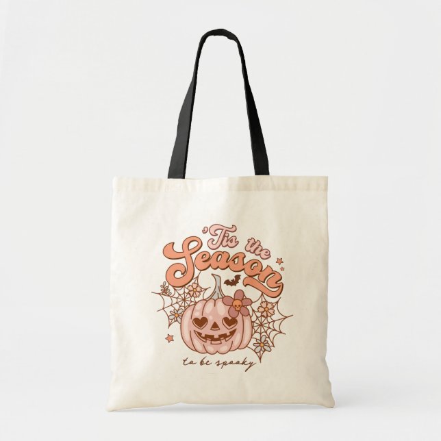 Bolso De Tela Calabaza rosa Halloween Retro Hippie Nombre Tote B (Frente)
