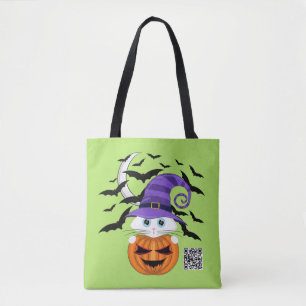 Bolso De Tela Calabaza temerosa con un Gorra de gatitos blancos 
