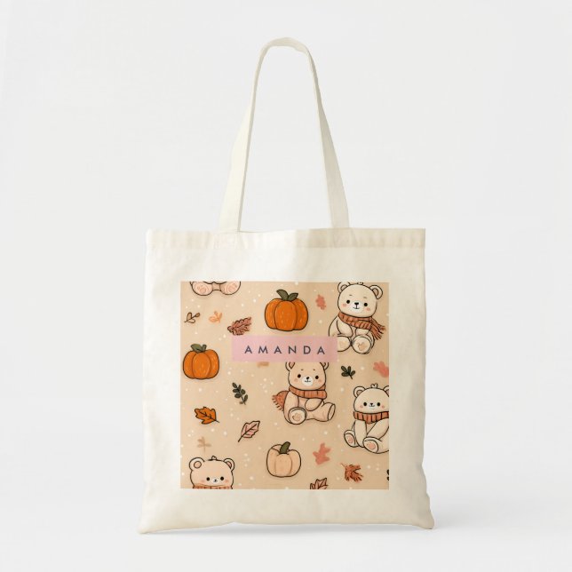 Bolso De Tela Calabaza y osito de peluche personalizados para ot (Frente)