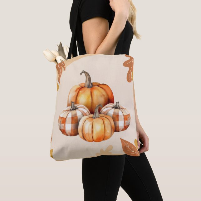 Bolso De Tela Calabazas blancas y naranjas tocan Halloween marró (Detalle)