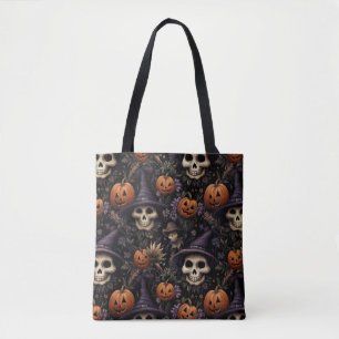 Bolso De Tela Calabazas Cráneos Flores Halloween