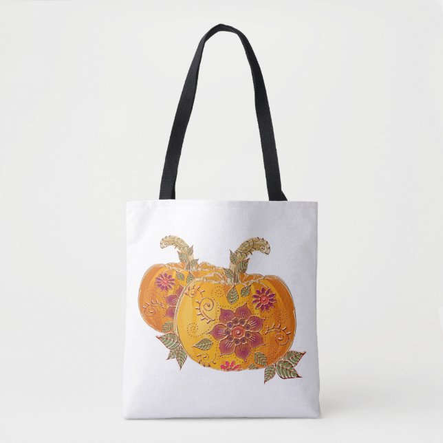 Bolso De Tela Calabazas de otoño con flores (Anverso)