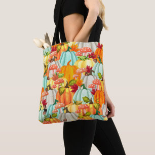 Bolso De Tela Calabazas divertidas, champiñones y hojas caídas