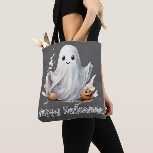 Bolso De Tela Calabazas Fantasmales Super Lindas Gris Feliz Hall