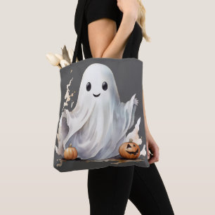 Bolso De Tela Calabazas Fantasmales Super Lindas Halloween Gris