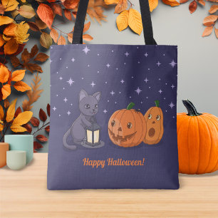 Bolso De Tela Calabazas Linterna Gato Negro Halloween Purpura