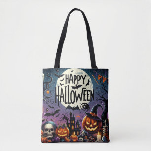 Bolso De Tela Calabazas nocturnas de Halloween, calaveras y casa