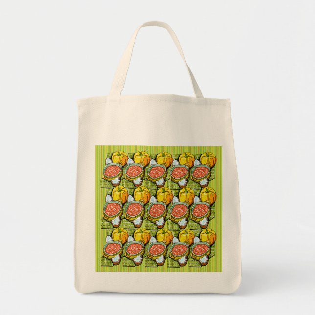 Bolso De Tela Calabazas, sopa y fondo a rayas (Frente)