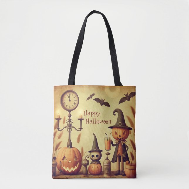 Bolso De Tela Calabazas y murciélagos de Halloween de época (Anverso)