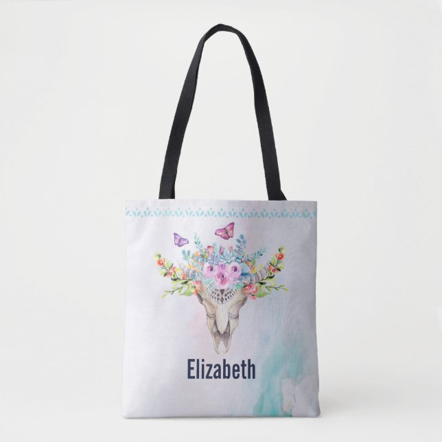 Bolso De Tela Calavera animal Boho con mariposas y flores (Anverso)