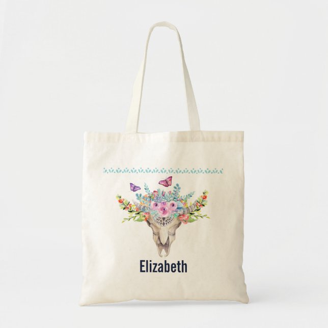 Bolso De Tela Calavera animal Boho con mariposas y flores (Frente)
