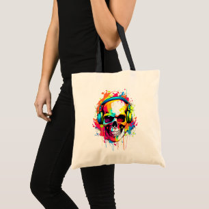 Bolso De Tela Calavera colorida con auriculares
