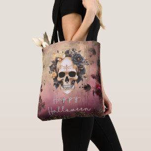 Bolso De Tela Calavera con flores azules y doradas Feliz Hallowe