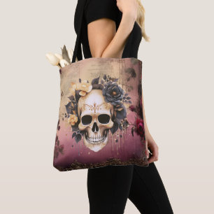Bolso De Tela Calavera con flores azules y doradas Halloween