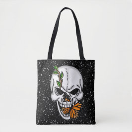 Bolso De Tela Calavera con fondo negro de mariposas monarcas