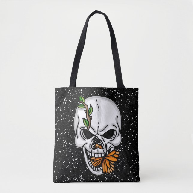 Bolso De Tela Calavera con fondo negro de mariposas monarcas (Anverso)