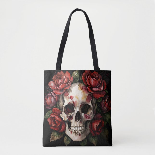 Bolso De Tela Calavera con rosas rojas (Anverso)