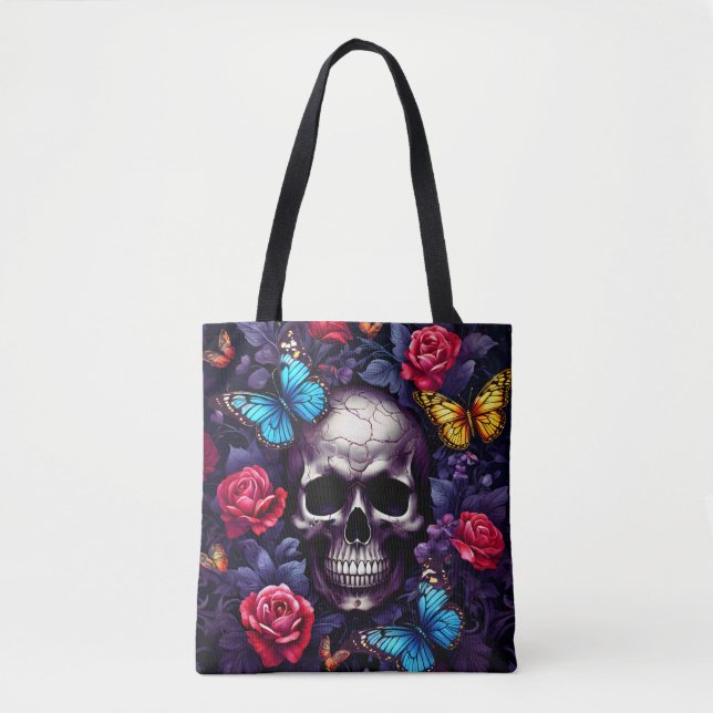 Bolso De Tela Calavera con Rosas y Gótico de mariposas