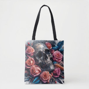 Bolso De Tela Calavera con Rosas y pájaro azul