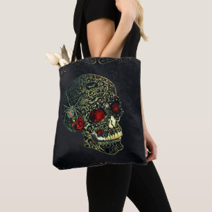 Bolso De Tela Calavera de araña y Rosas Glam Gothic Filigree
