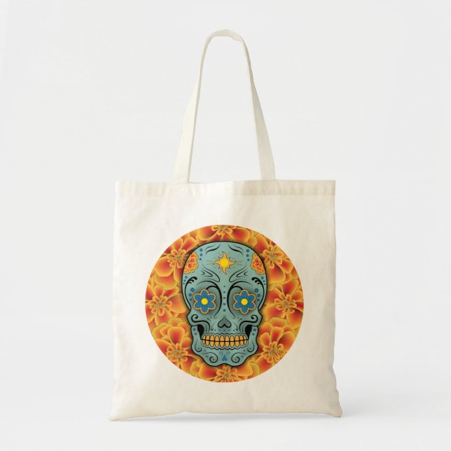 Bolso De Tela Calavera de azúcar (Día de los Muertos) (Azul) (Frente)