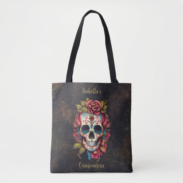 Bolso De Tela Calavera de azúcar floral Quinceanera Cumpleaños (Anverso)